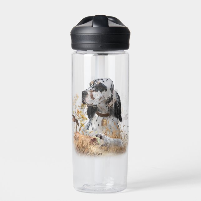 Tri Colour English Setter Art, woodcock Hunting Water Bottle (Front)