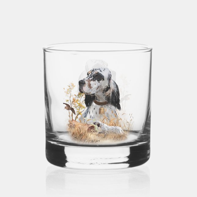 Tri Colour English Setter Art, woodcock Hunting Whiskey Glass (Front)