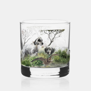 Tri Colour English Setters Art, woodcock Hunting Whiskey Glass