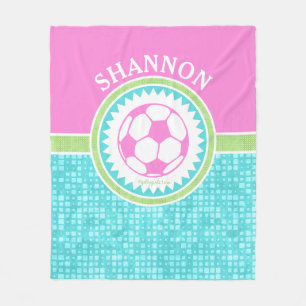 Tri-Colour Pastel Soccer With Aqua Tiles Fleece Blanket