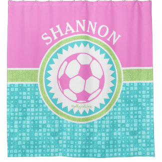 Tri-Colour Pastel Soccer With Aqua Tiles Shower Curtain