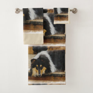 Tri Colour Rough Collie Art Bath Towel Set
