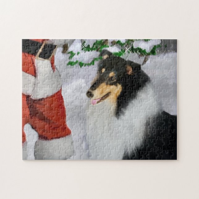 Tri Colour Rough Collie With Santa Christmas  Jigsaw Puzzle (Horizontal)