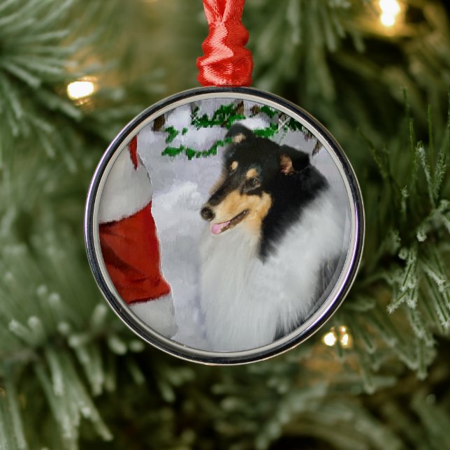 Tri Colour Rough Collie With Santa Christmas  Metal Tree Decoration (Tree)
