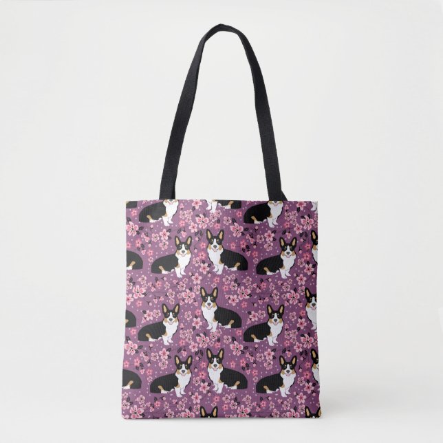 Tri Coloured Corgi Cherry Blossoms - purple Tote Bag (Front)