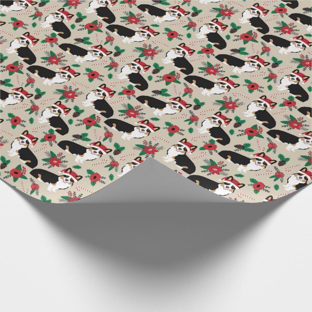 tri coloured corgi poinsettia gift wrap (Corner)