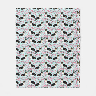 Tri Corgi Cherry Blossom - blue Fleece Blanket