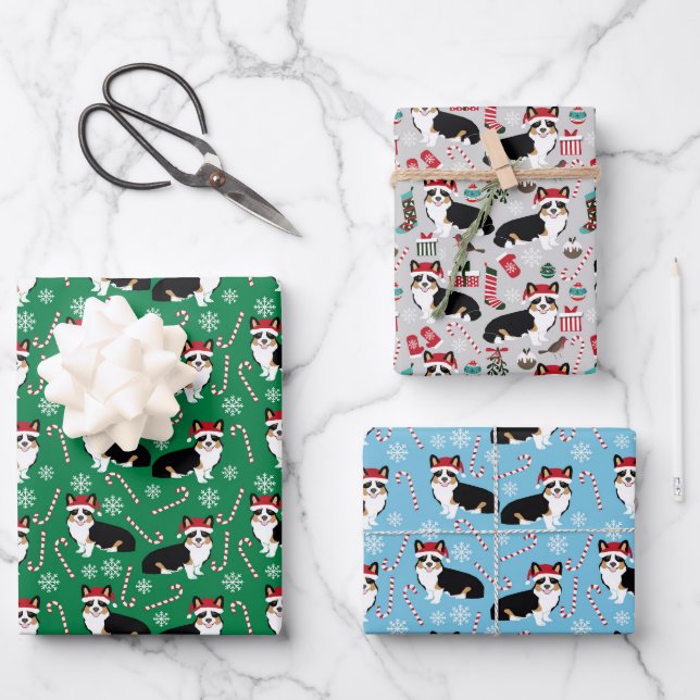 Tri Corgi Christmas Holiday Wrapping Paper Sheet (Front)