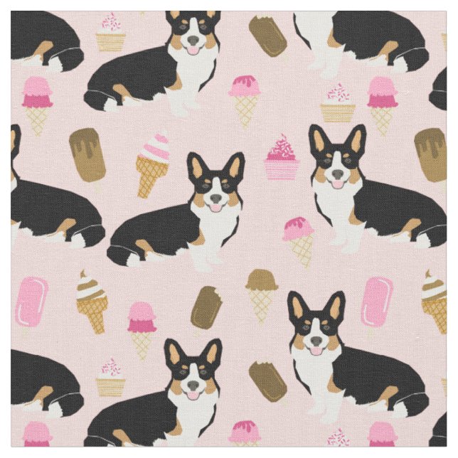 Tri Corgi pink ice cream Fabric (Close Up)