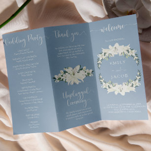 Tri-fold dusty blue floral wedding program Flyer