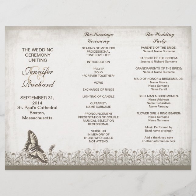 Tri fold elegant vintage wedding programs (Front)