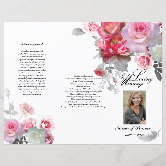 Tri-Fold Funeral Program - Pink Grey Roses (Front)