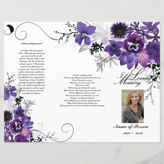 Tri-Fold Funeral Program - Violet Grey Floral (Front)