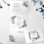 Tri-Fold Invitation with RSVP Blue Floral Wedding<br><div class="desc">Elegant all in one blue floral wedding invitation where you can lay out all your wedding details together, no need for extra insert cards or rsvp! Middle inner section showcasing your invitation details, while on the top section you can add any reception, accommodation, transportation, gifts, website details you like. Below...</div>