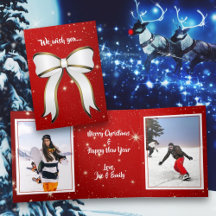 Tri-fold Twinkling Red Christmas Double Photo Card