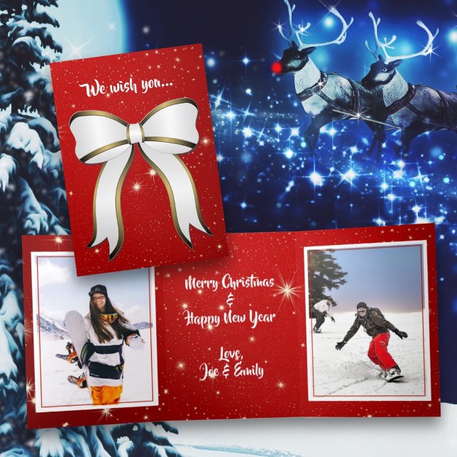 Tri-fold Twinkling Red Christmas Double Photo Card (Creator Uploaded)