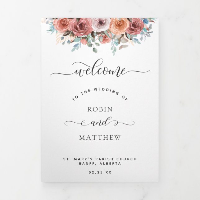 Tri fold Wedding Program and Watercolor Timeline (Cover)