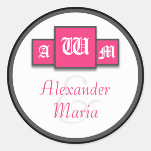 Tri-Monogram Fuchsia Modern Wedding Stickers/Seals Classic Round Sticker