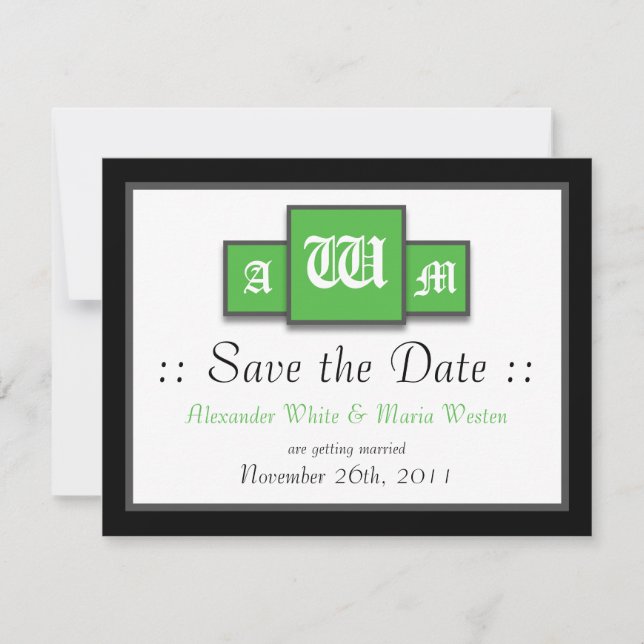 Tri-Monogram Green Modern Wedding Save the Dates Invitation (Front)