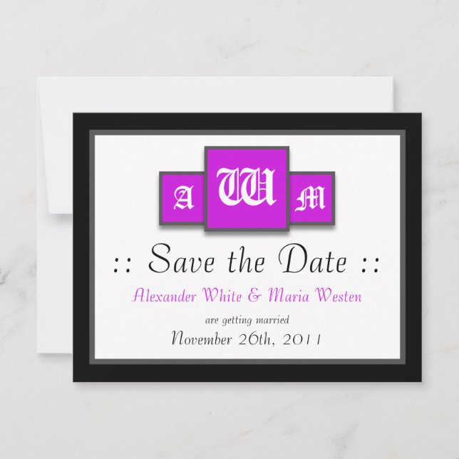Tri-Monogram Purple Modern Wedding Save the Dates Invitation (Front)