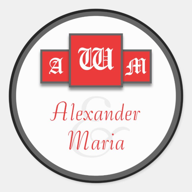 Tri-Monogram Red Modern Wedding Stickers/Seals Classic Round Sticker (Front)
