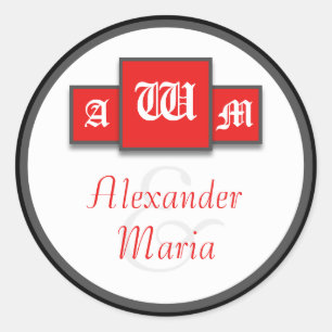 Tri-Monogram Red Modern Wedding Stickers/Seals Classic Round Sticker