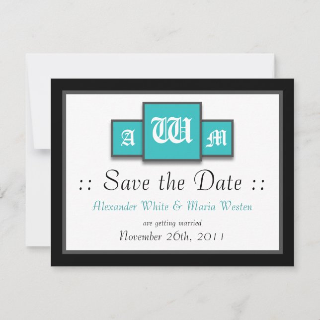 Tri-Monogram Teal Modern Wedding Save the Dates Invitation (Front)