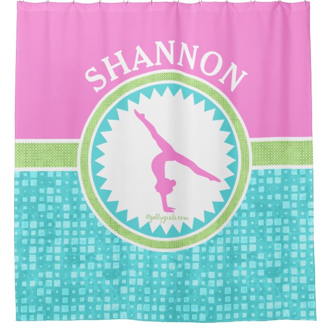 Tri-Pastel Colour Gymnastics With Aqua Tile Shower Curtain (Front)