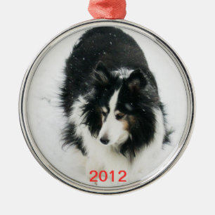 Tri Sheltie in Snow Template Metal Tree Decoration