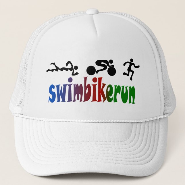 TRI Triathlon Swim Bike Run BLACK Bumper Design Trucker Hat (Front)