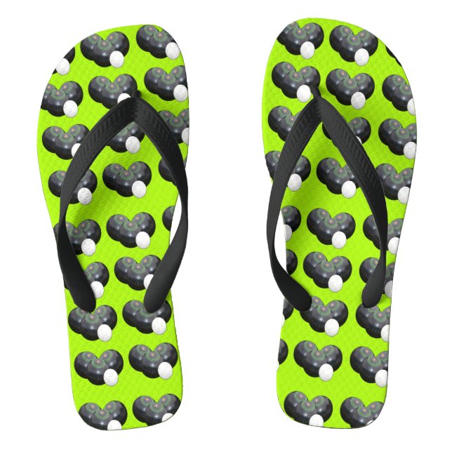 Triad of Precision: Lawn Bowls Trio Jack on Lime Flip Flops (Footbed)