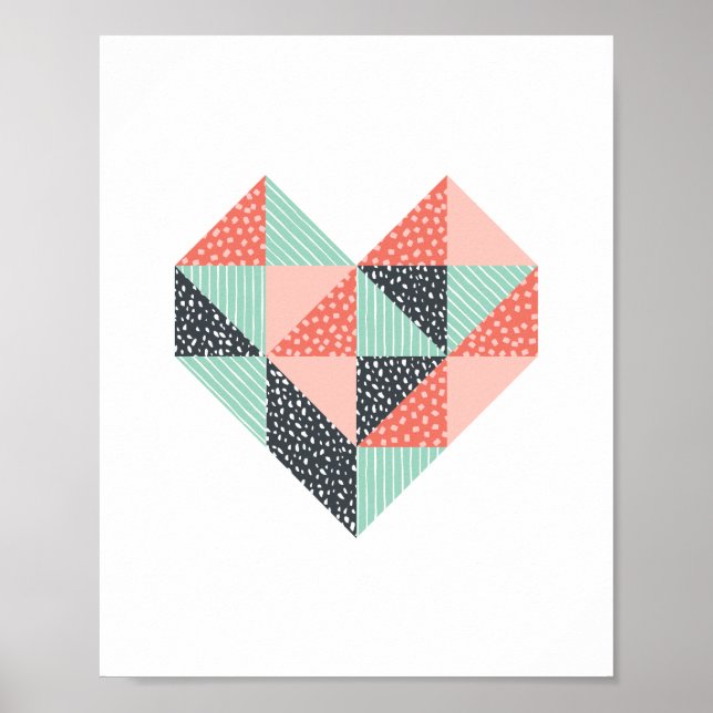 Triangle Heart Mint Coral and Black Poster (Front)