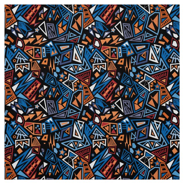 Triangle pop art cool bright black blue pattern fabric (Swatch)