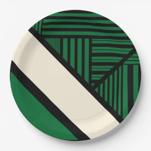 Triangle Stripes - Green, Cream and Black Paper Plate
