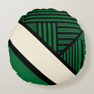 Triangle Stripes - Green, Cream and Black Round Cushion
