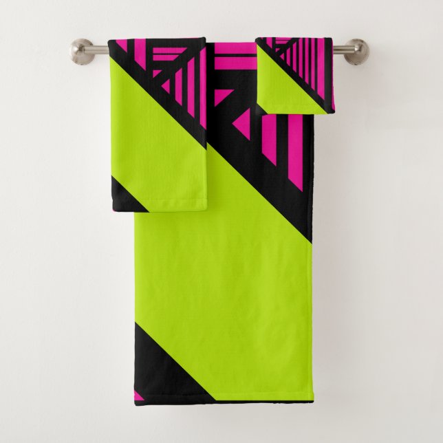 Triangle Stripes in Lime Green, Hot Pink and Black Bath Towel Set (Insitu)