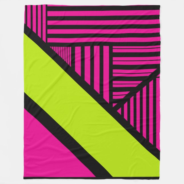 Triangle Stripes in Lime Green, Hot Pink and Black Fleece Blanket (Front)