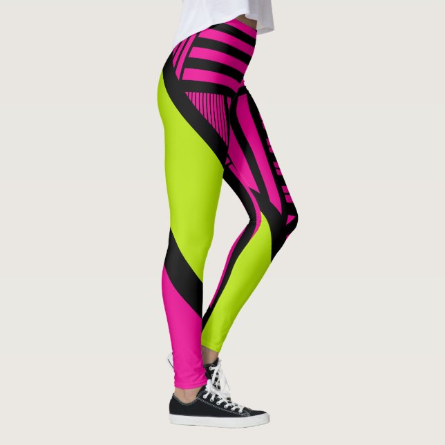 Triangle Stripes in Lime Green, Hot Pink and Black Leggings (Right)