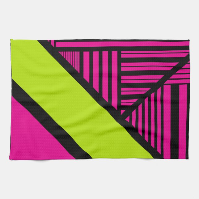 Triangle Stripes in Lime Green, Hot Pink and Black Tea Towel (Horizontal)