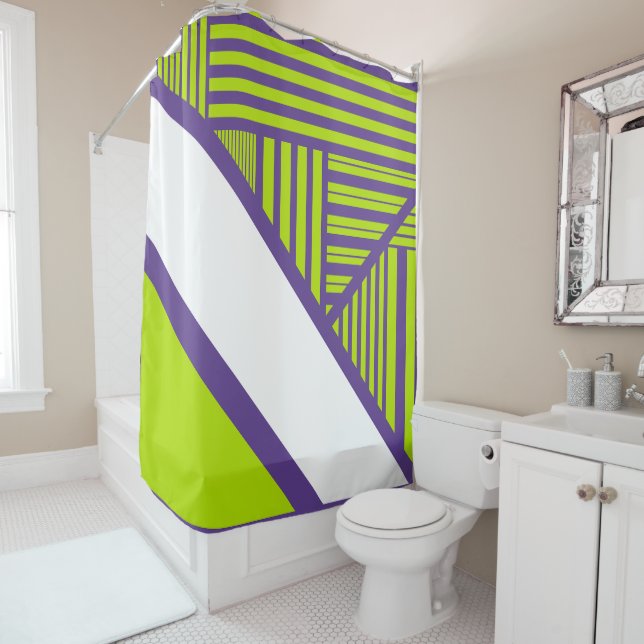 Triangle Stripes in Lime Green & Purple Shower Curtain (In Situ)