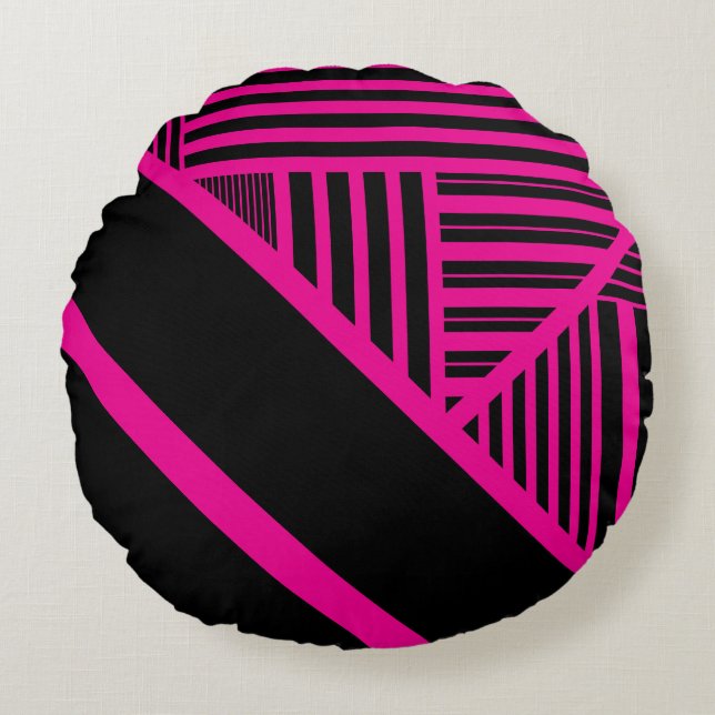 Triangle Stripes in Magenta and Black Round Cushion (Front)