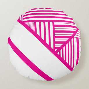 Triangle Stripes in Magenta and White Round Cushion