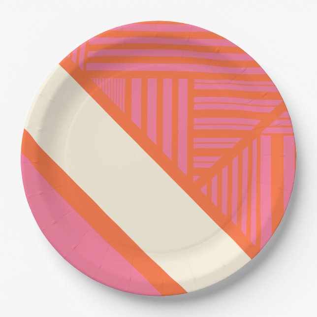 Triangle Stripes in Pink, Orange and Cream Paper Plate (Front)