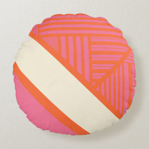 Triangle Stripes in Pink, Orange and Cream Round Cushion