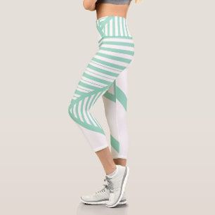 Triangle stripes - Mint Green and White Capri Leggings