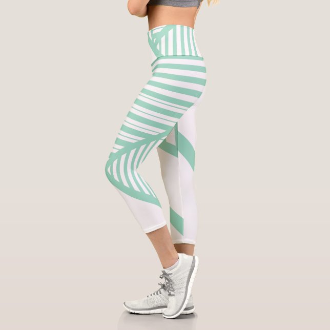 Triangle stripes - Mint Green and White Capri Leggings (Left)