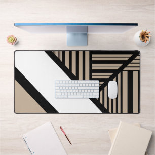 Triangle Stripes - Taupe, Black and White Desk Mat