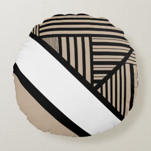 Triangle Stripes - Taupe, Black and White Round Cushion