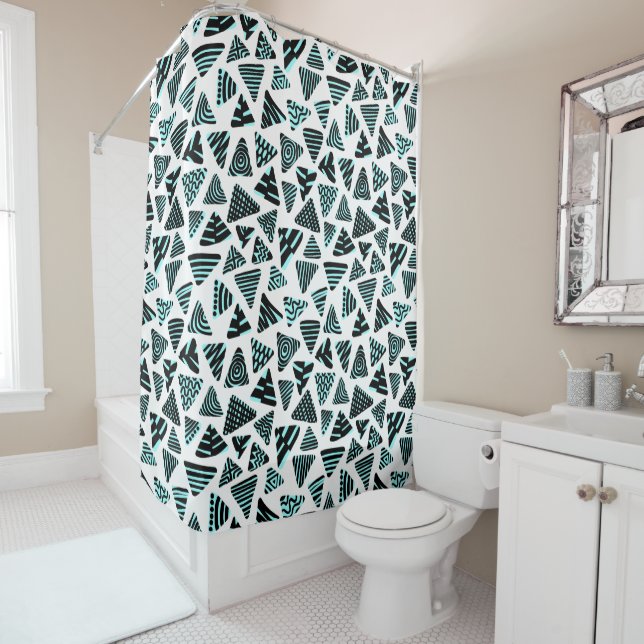 Triangles 240121 - Black and Ice Blue on White Shower Curtain (In Situ)