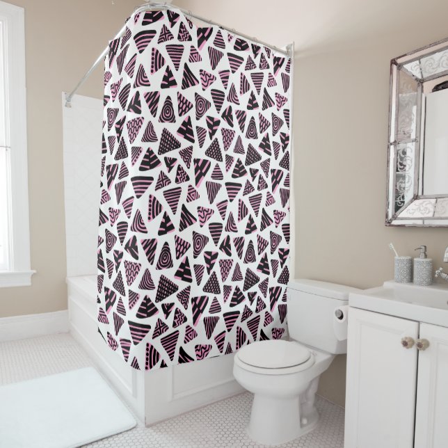 Triangles 240121 - Black and Pink on White Shower Curtain (In Situ)